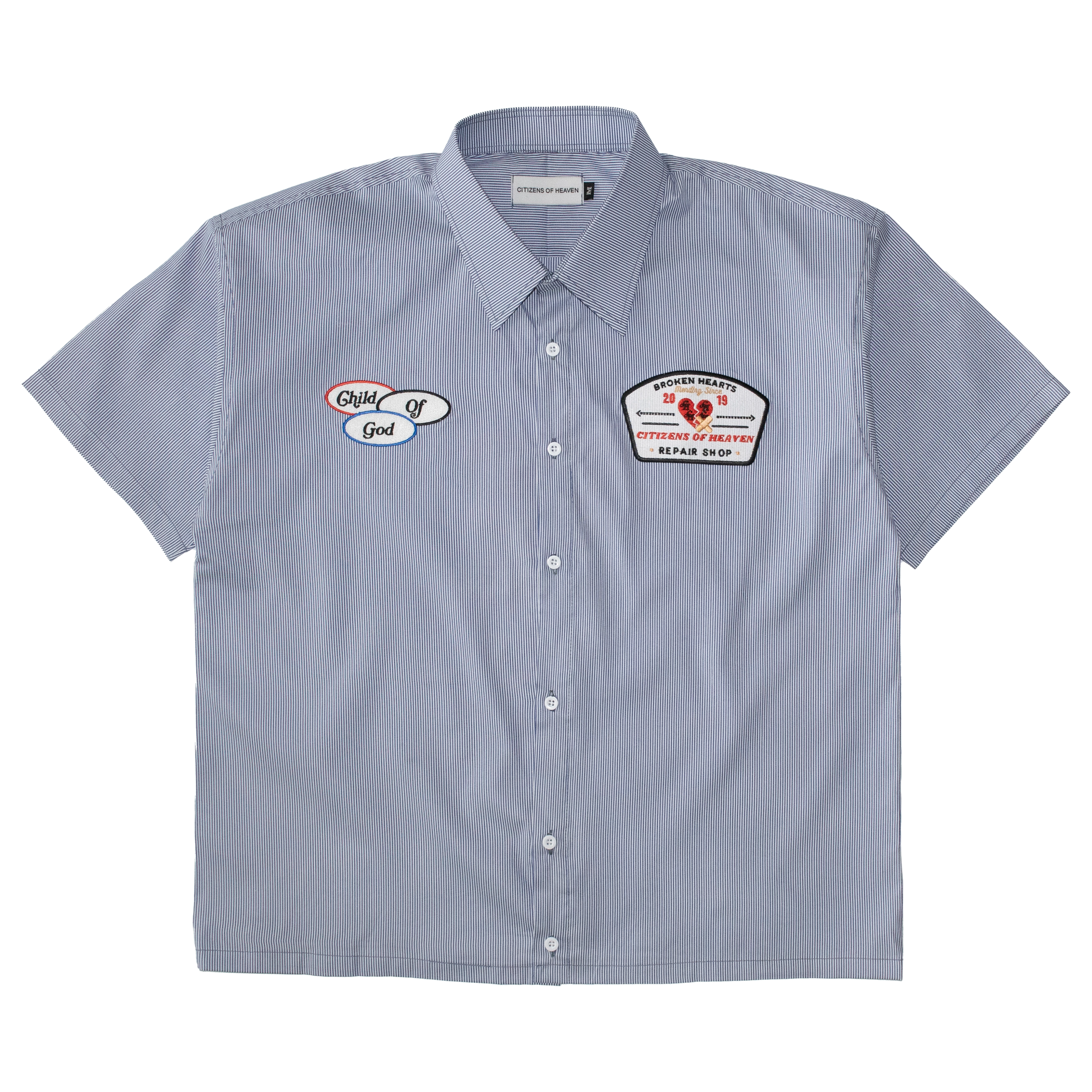 Broken Hearts Child of God Mechanic Shirt- Blue Pinstripe