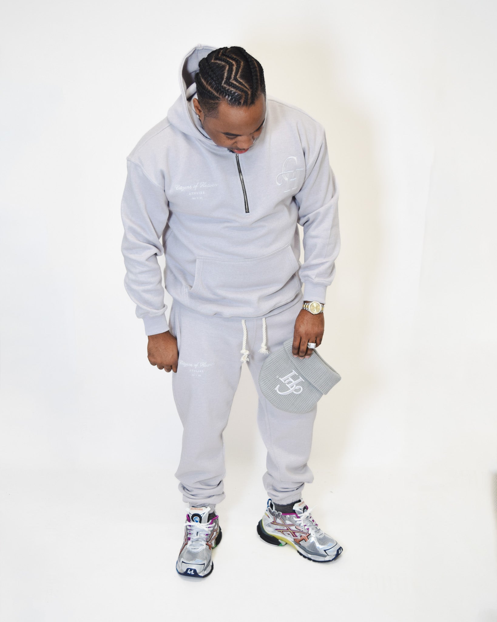 On The Go Half Zip Hooded Sweat Set- Cool Gray