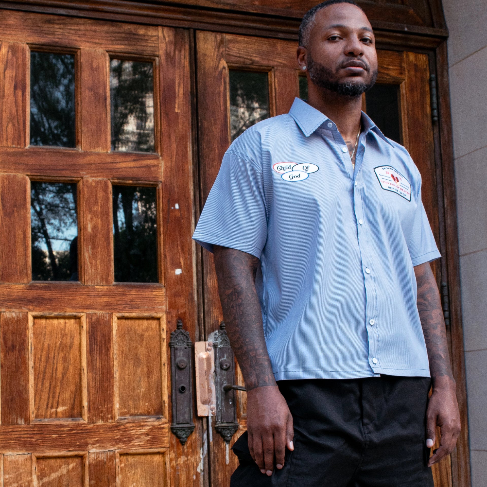Broken Hearts Child of God Mechanic Shirt- Blue Pinstripe