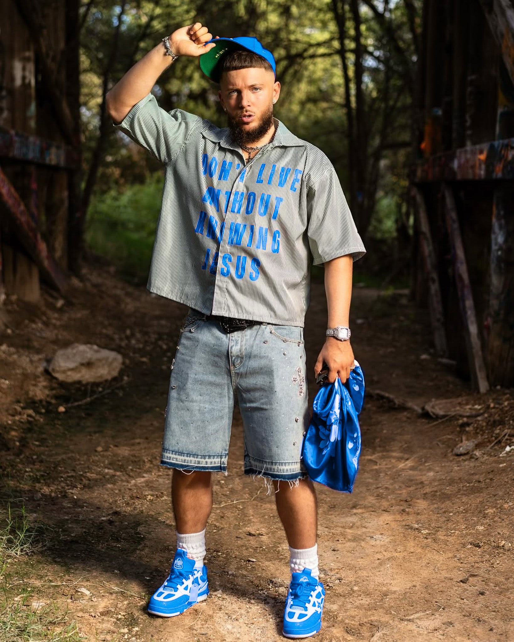 Know Jesus Cropped Boxy Striped S/S Shirt- Green/Blue