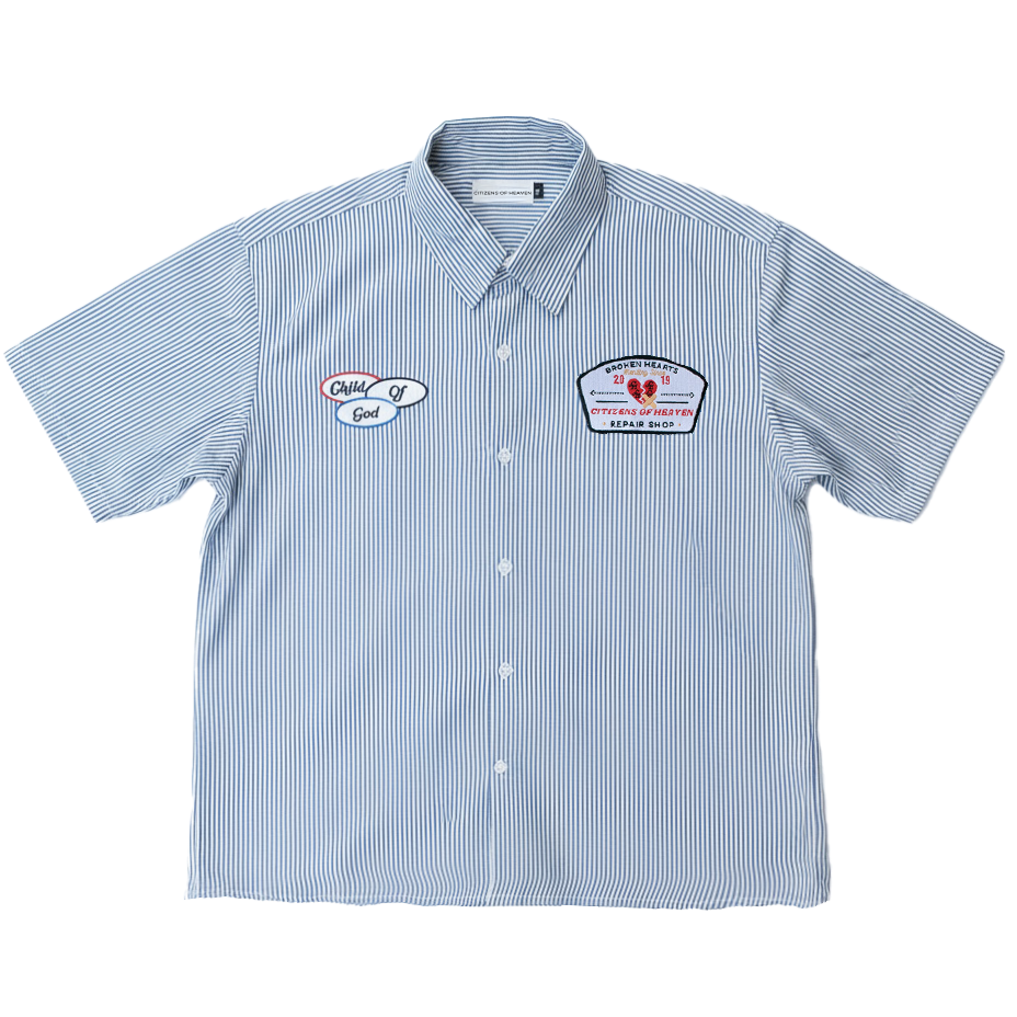 Broken Hearts Child of God Mechanic Shirt- Blue Pinstripe
